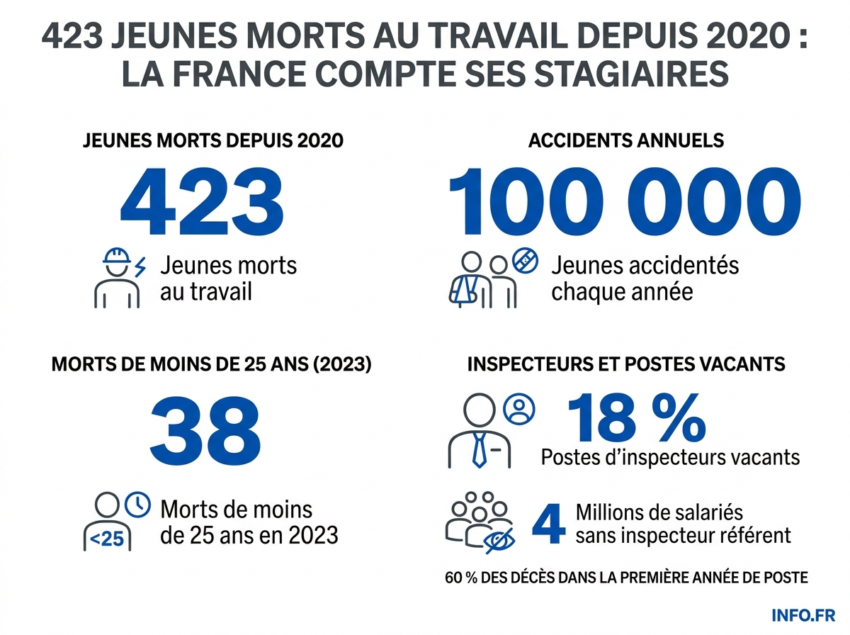 Bilan chiffré des morts au travail des jeunes en France et de l'effondrement de l'inspection du travail.