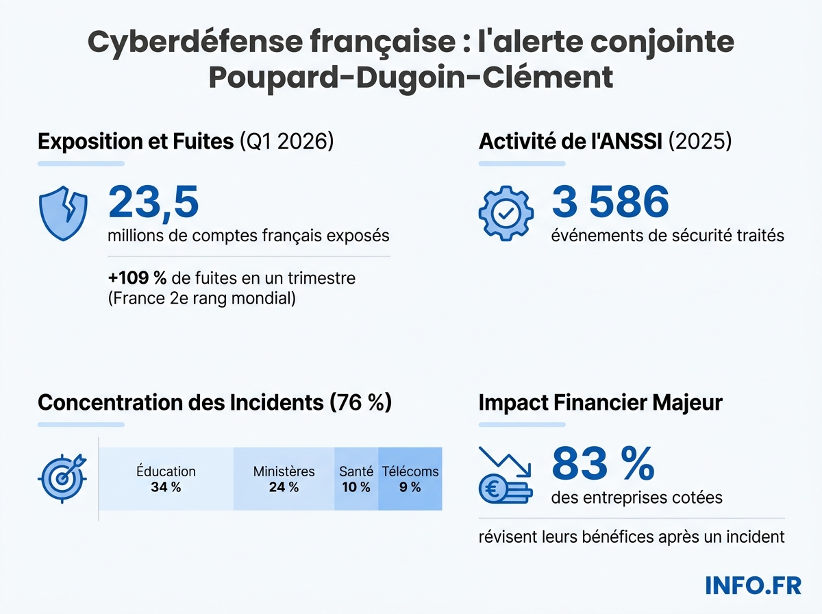 Infographie des chiffres clés de la cybermenace en France en 2025-2026, sources ANSSI, Surfshark et Viginum.