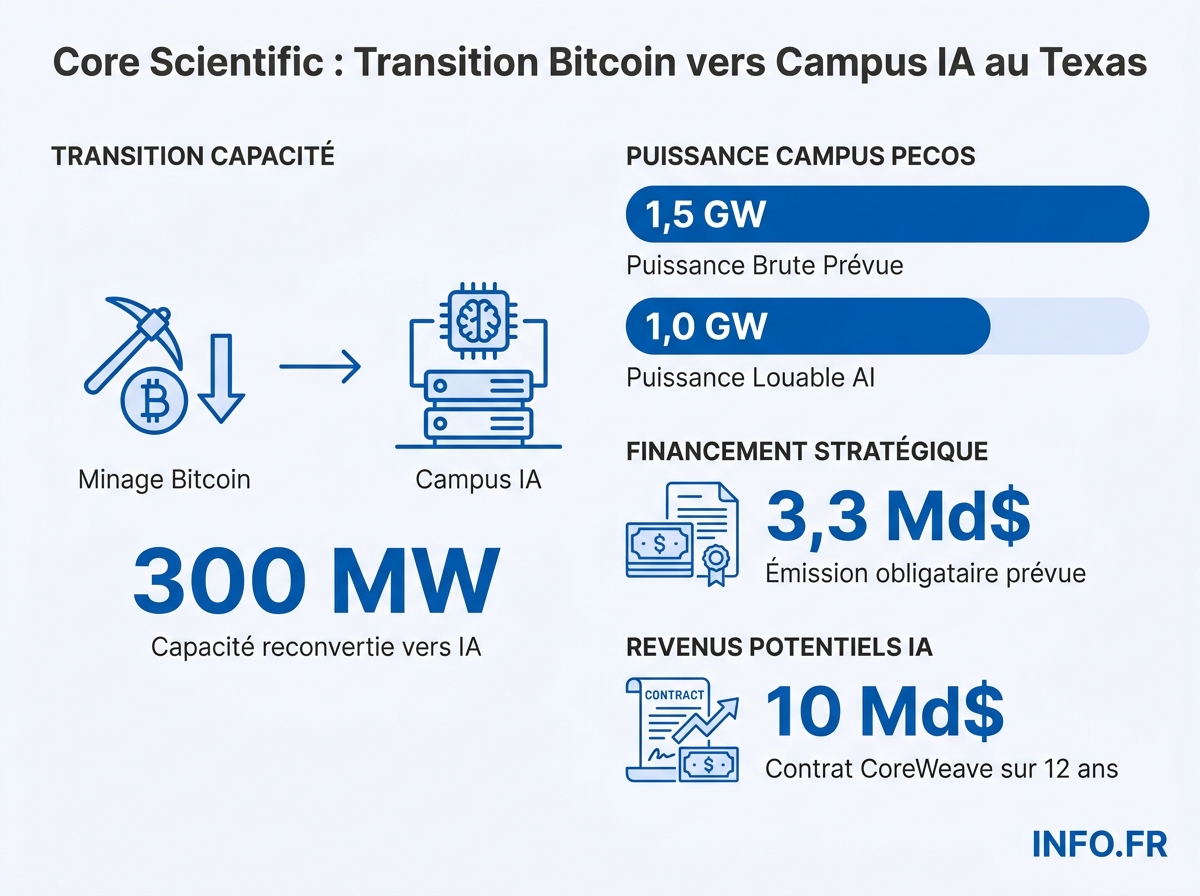 Données chiffrées du pivot stratégique de Core Scientific de Pecos vers l'infrastructure IA, sources officielles et CoinDesk.