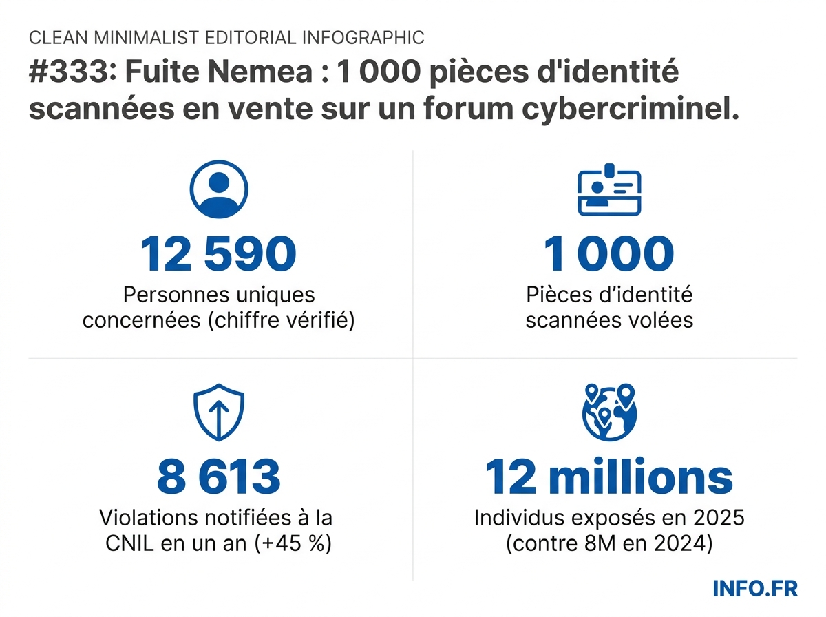 Graphique des chiffres clés de la fuite Nemea du 28 avril 2026 et du contexte français des violations de données.