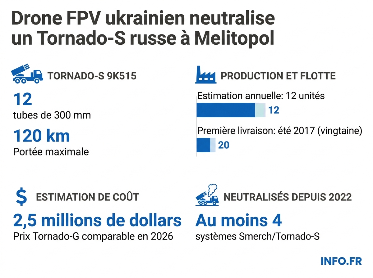 Caractéristiques techniques et bilan d'attrition du système russe Tornado-S depuis 2022.