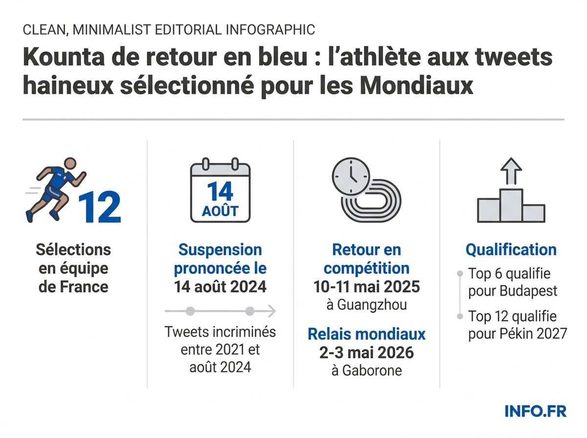 Chronologie de l'affaire Kounta: de la suspension d'août 2024 à la sélection pour les Relais mondiaux de mai 2026.