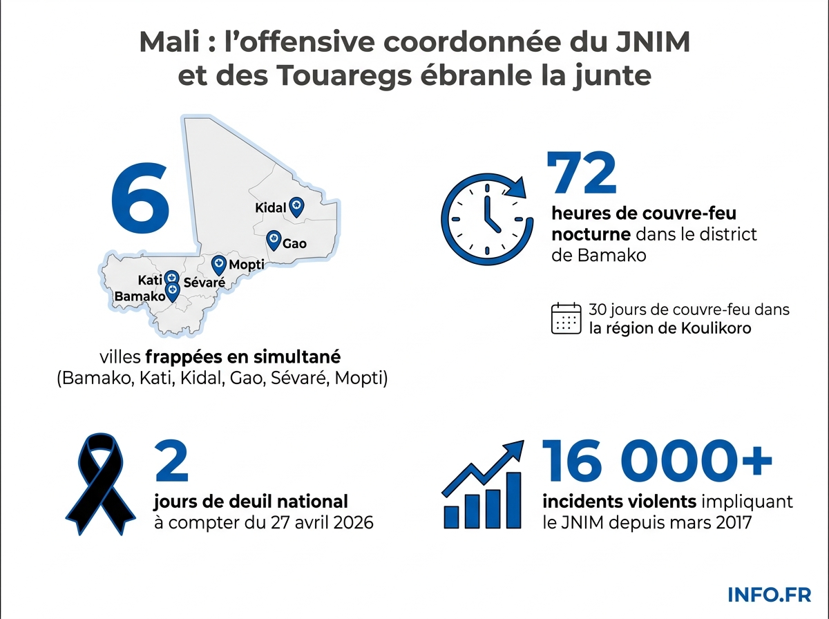 Chiffres clés de l'offensive coordonnée du JNIM et du FLA contre la junte malienne le 25 avril 2026.