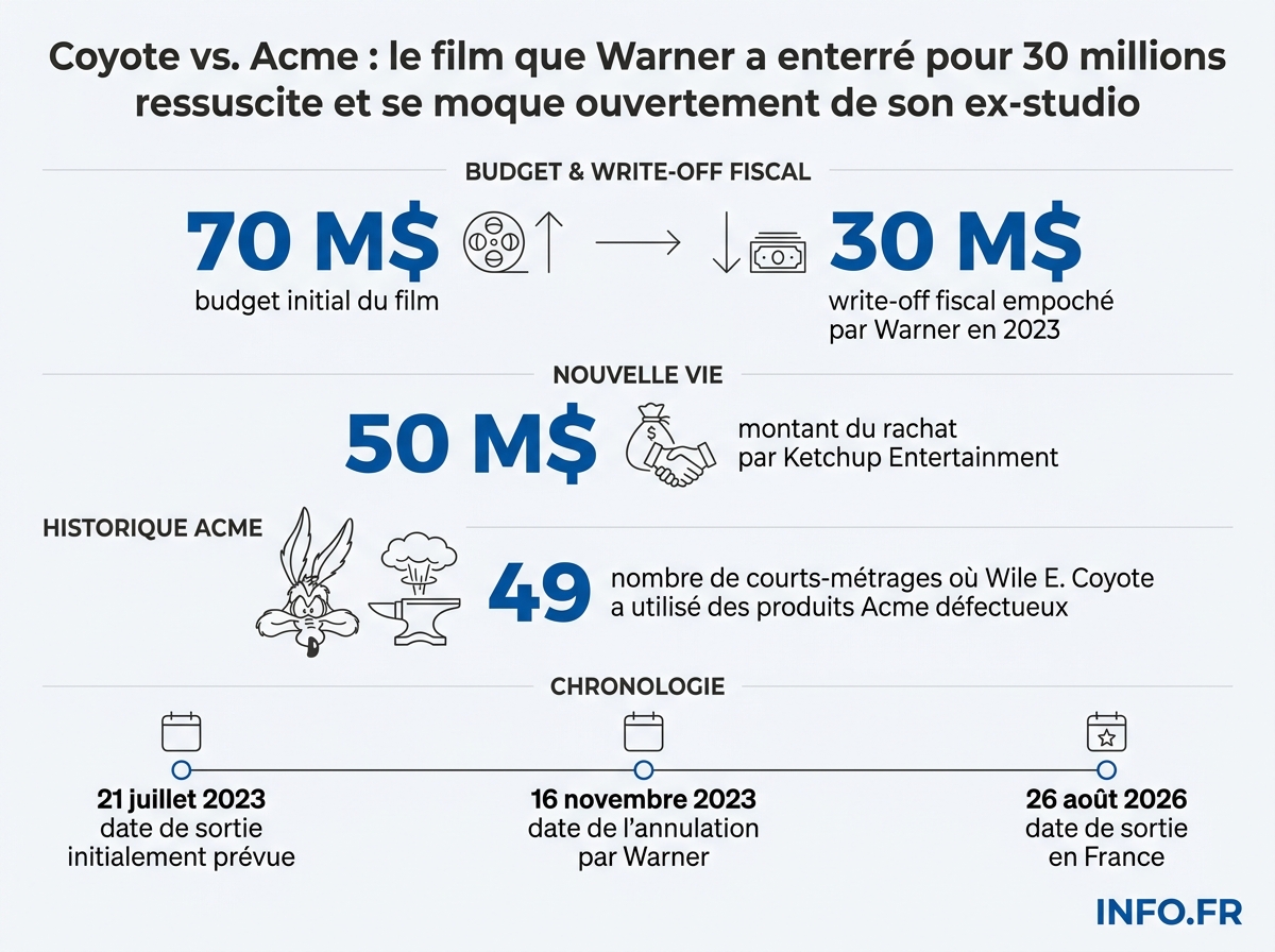 Chronologie financière de Coyote vs. acme: du budget initial de 70 M$ à l'enterrement fiscal de 30 M$ et au rachat à 50 M$.
