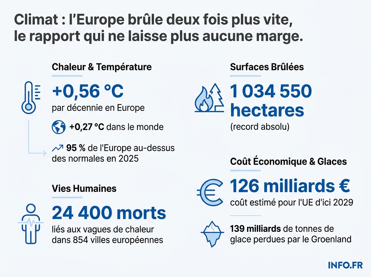 Infographie présentant les principaux chiffres du rapport Copernicus-OMM 2025 sur l'état du climat en Europe, mis en regard des objectifs du Règlement européen 2021/1119.