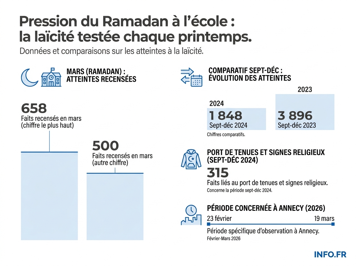 Évolution mensuelle des atteintes à la laïcité dans les écoles françaises selon les bilans des Équipes académiques valeurs de la République (EAVR) du ministère de l'Éducation nationale.
