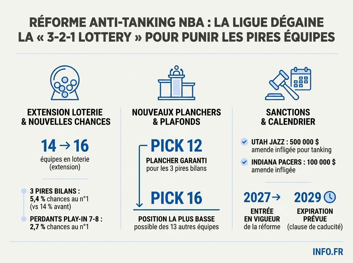 Comparatif des probabilités d'obtenir le n°1 de la draft NBA avant et après la réforme « 3-2-1 lottery » votée le 28 mai 2026.