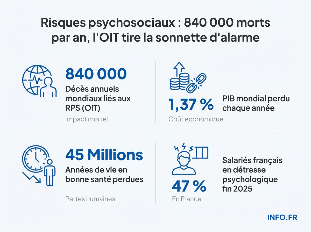 Infographie: les chiffres clés du rapport OIT 2026 sur les risques psychosociaux au travail dans le monde et en France.