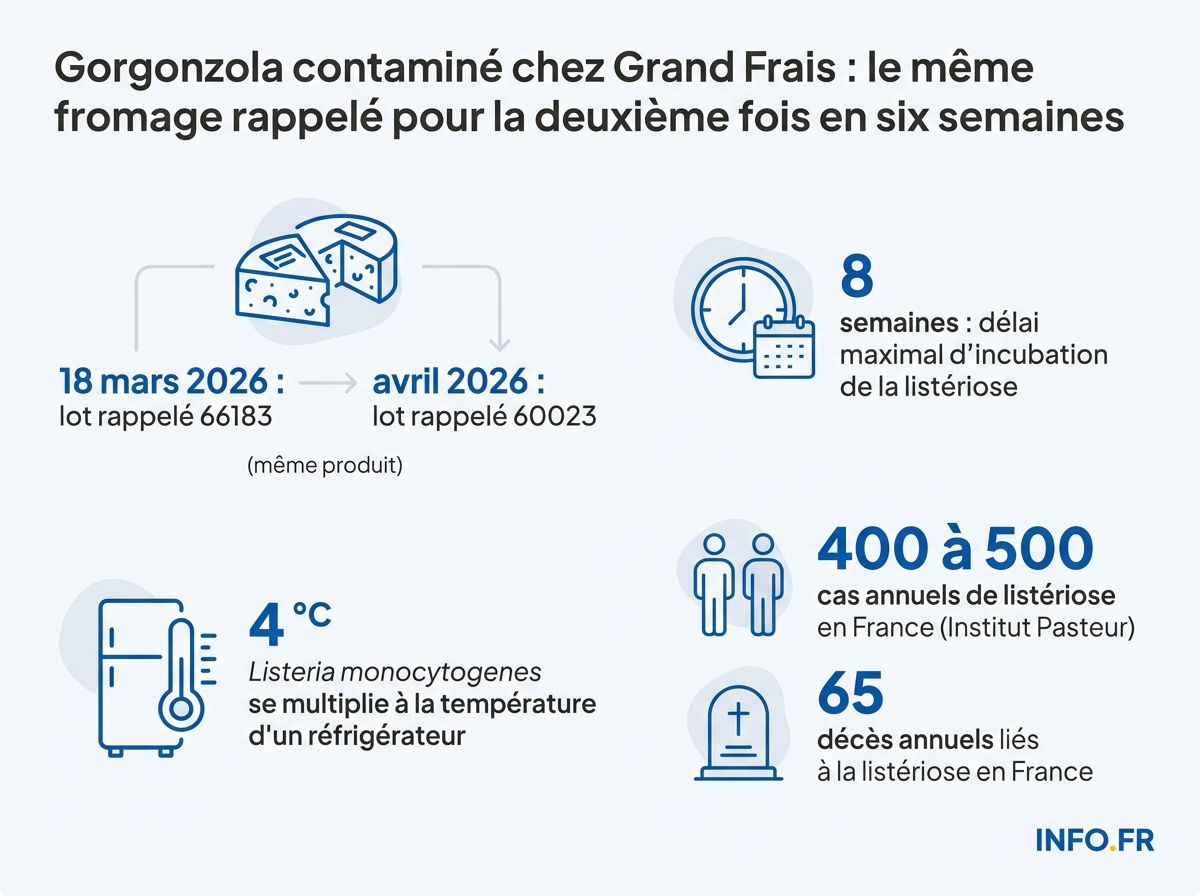 Chiffres clés du rappel sanitaire du gorgonzola Grand Frais et de la listériose en France.