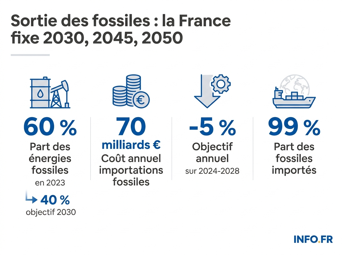 Les chiffres clés de la feuille de route française de sortie des énergies fossiles présentée à Santa Marta en avril 2026.