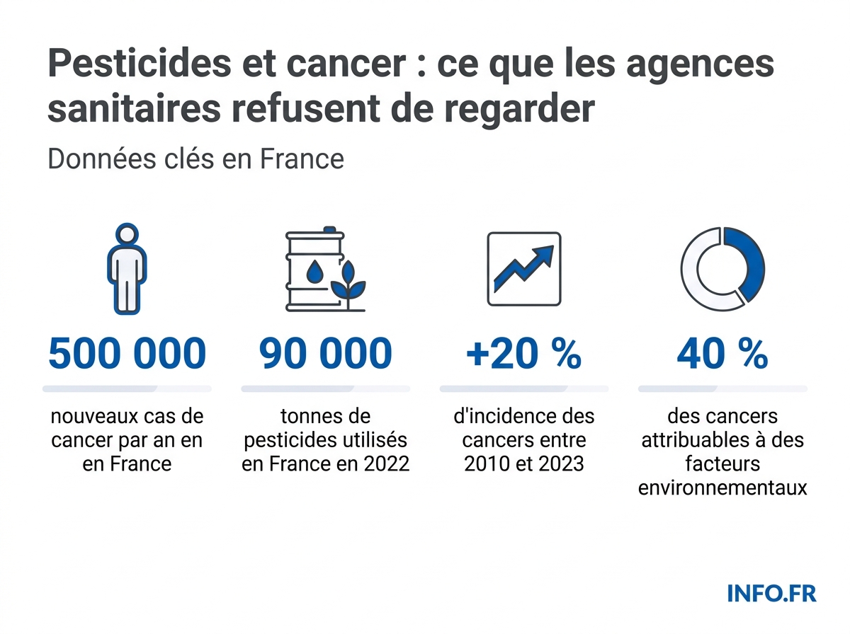 Infographie chiffrée sur l'incidence des cancers en France et l'usage des pesticides, données Inserm et Greenletter Club.