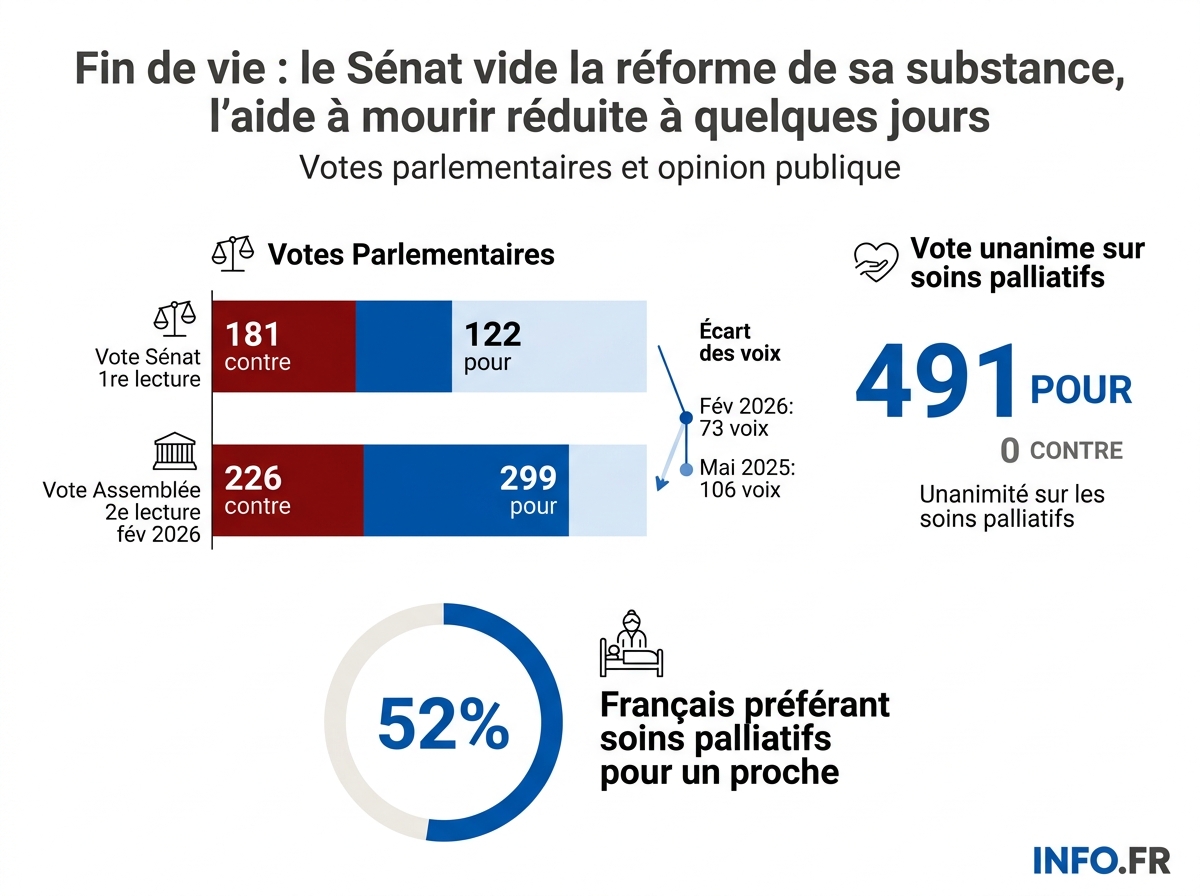 Comparatif des votes parlementaires sur la réforme de la fin de vie entre l'Assemblée nationale et le Sénat.