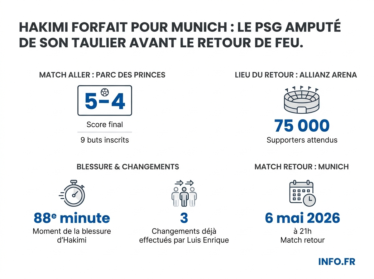 Les chiffres clés de la demi-finale aller PSG-Bayern Munich et de la blessure d'Achraf Hakimi avant le retour à Munich.