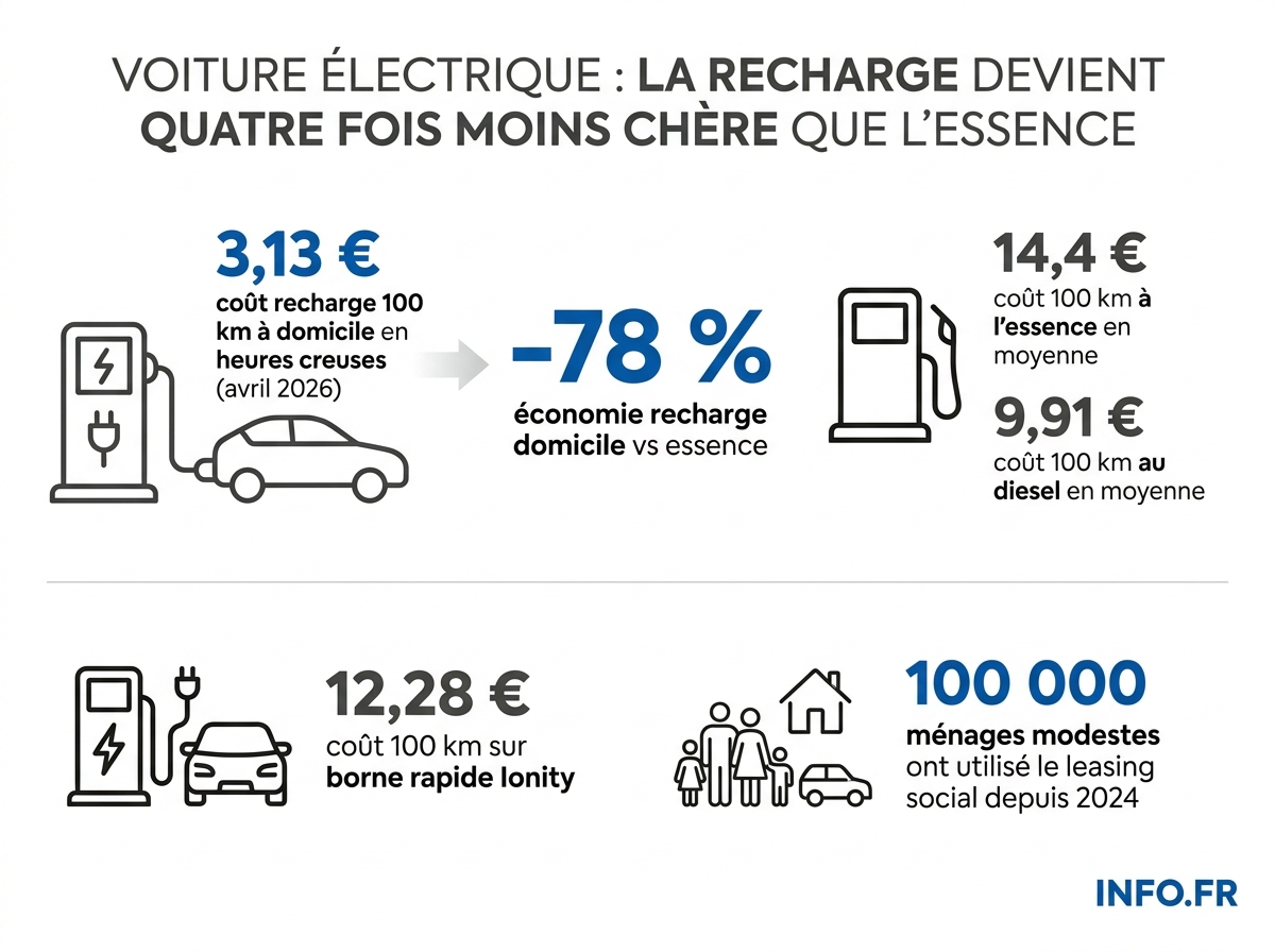 Comparaison des coûts de recharge et carburant pour parcourir 100 km en France en avril 2026.