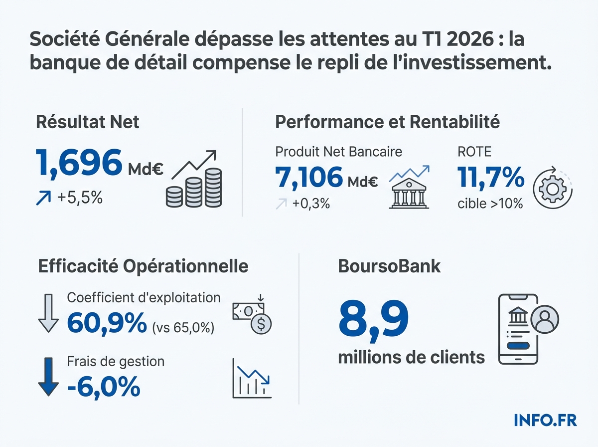 Résultats financiers de Société Générale au premier trimestre 2026: indicateurs clés de performance et de solvabilité.