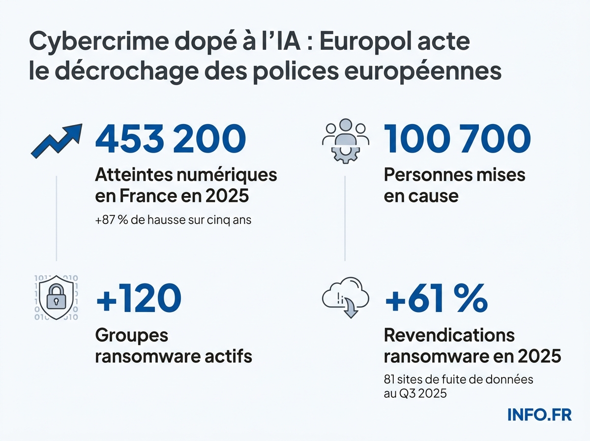 Statistiques clés du rapport COMCYBER-MI 2026 et du rapport IOCTA 2026 d'Europol sur la cybercriminalité en France et en Europe.