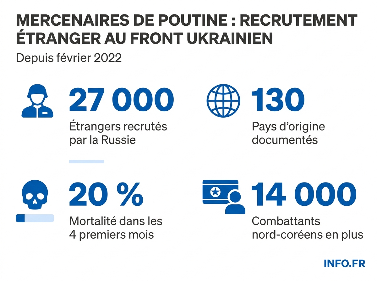 Cartographie du recrutement étranger par l'armée russe: 27 000 hommes issus de 130 pays depuis février 2022.