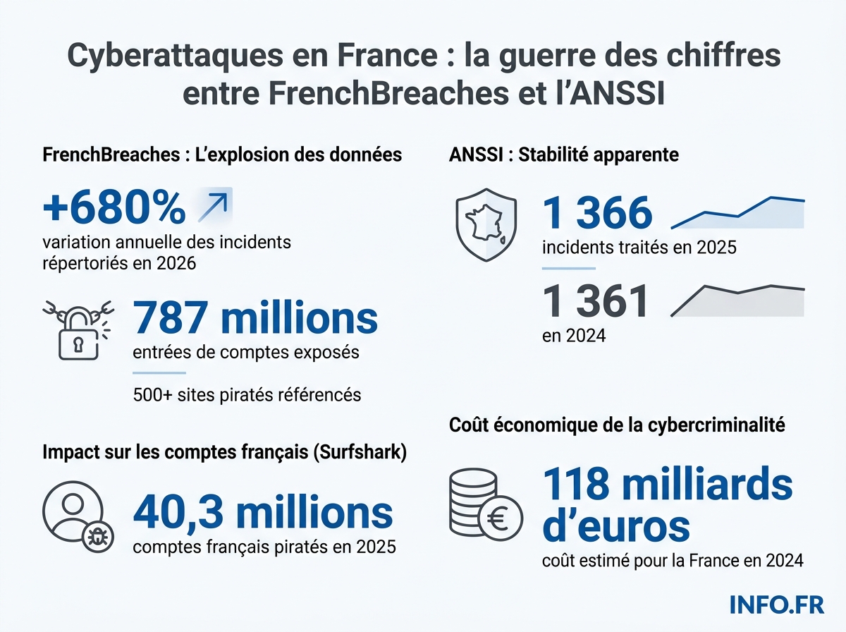 Cyberattaques en France 2026: la stabilité revendiquée par l'ANSSI (+0,4% d'incidents) coexiste avec une explosion des exfiltrations de données (+51%) et l'inventaire de FrenchBreaches.