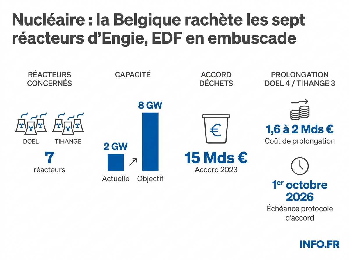 Répartition des sept réacteurs nucléaires belges concernés par le projet de rachat de l'État belge à Engie, avec les capacités, échéances et montants clés.