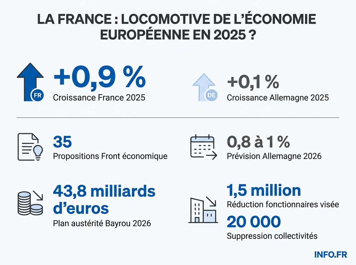Infographie comparant la croissance France-Allemagne 2025 et les principales propositions du Front économique du Medef.