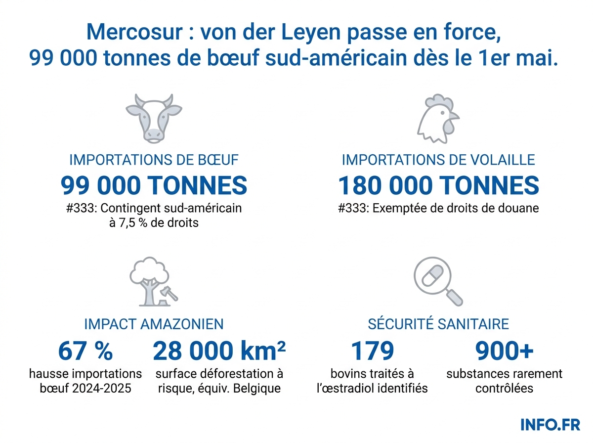 Les chiffres clés de l'accord UE-Mercosur appliqué provisoirement le 1er mai 2026: contingents d'importation, alertes sanitaires et défaillances des contrôles.