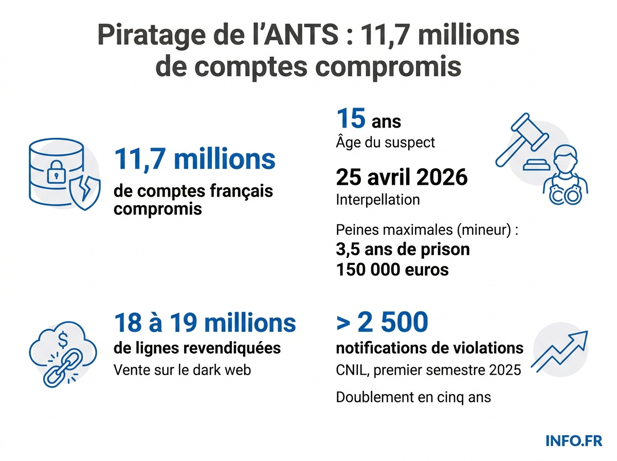 Infographie: chiffres clés du piratage de l'ANTS et de la mise en examen du mineur de 15 ans surnommé breach3d.