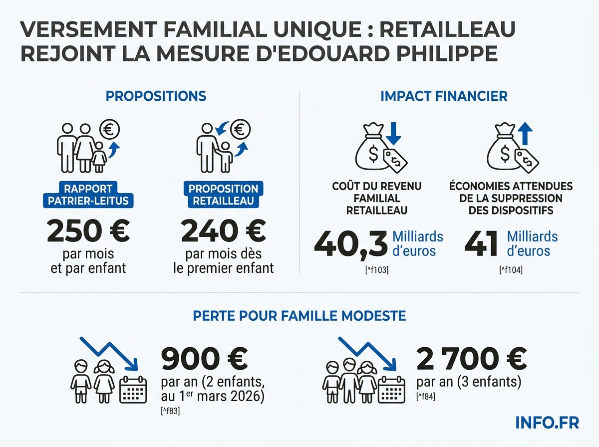 Comparatif des montants et coûts du versement familial unique proposé par Patrier-Leitus et Retailleau, face aux baisses d'allocations en vigueur au 1er mars 2026.
