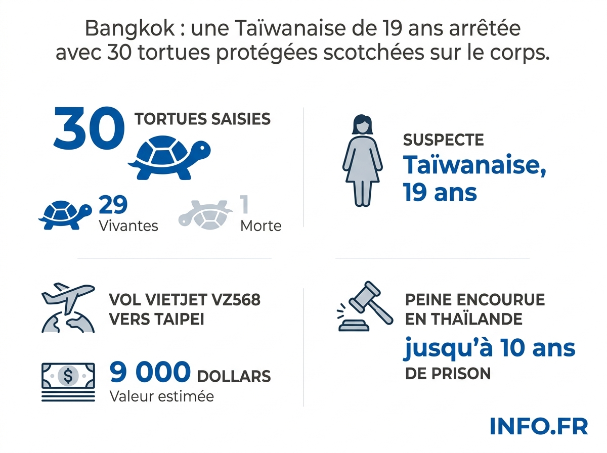 Bilan chiffré de la saisie de 30 tortues étoilées d'Inde sur une passagère taïwanaise à l'aéroport Suvarnabhumi de Bangkok.