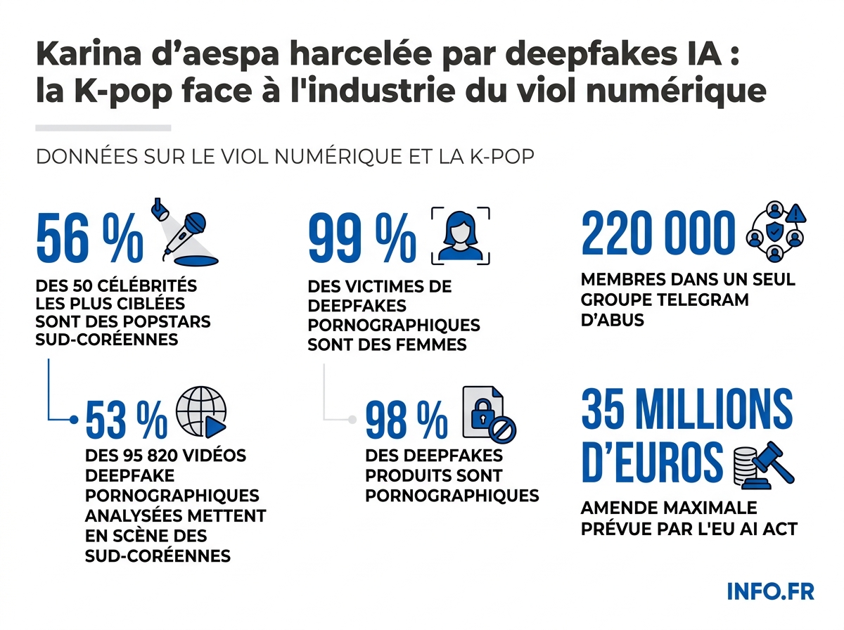 Statistiques mondiales sur les deepfakes pornographiques: proportions de victimes, ciblage des idoles K-pop, taux d'inculpation et amendes prévues par la régulation européenne.