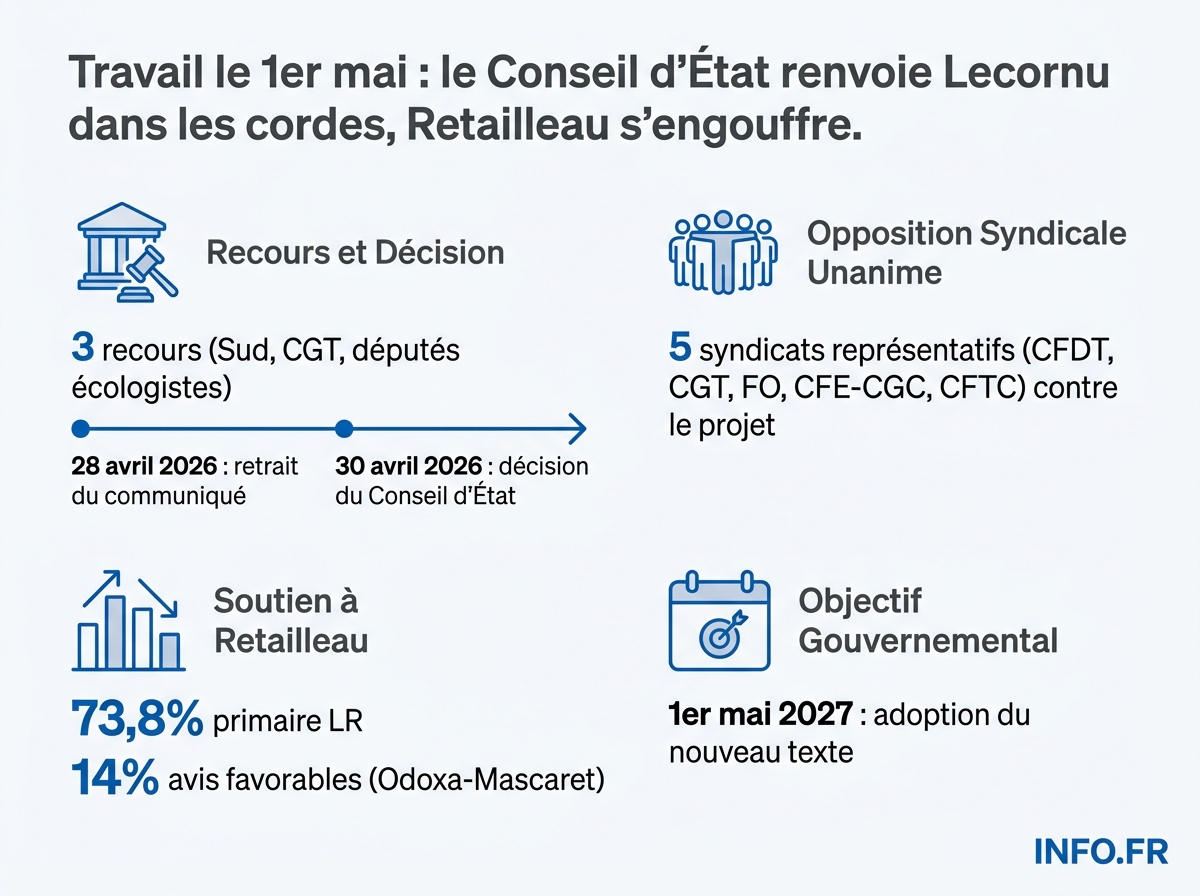 Chronologie de la bataille judiciaire et politique sur le travail le 1er-Mai 2026 entre syndicats et gouvernement Lecornu.