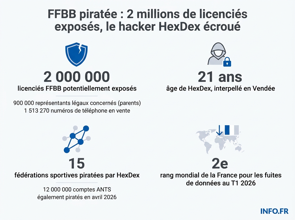 Infographie sur l'ampleur de la cyberattaque visant la Fédération française de basket et le profil du hacker HexDex.