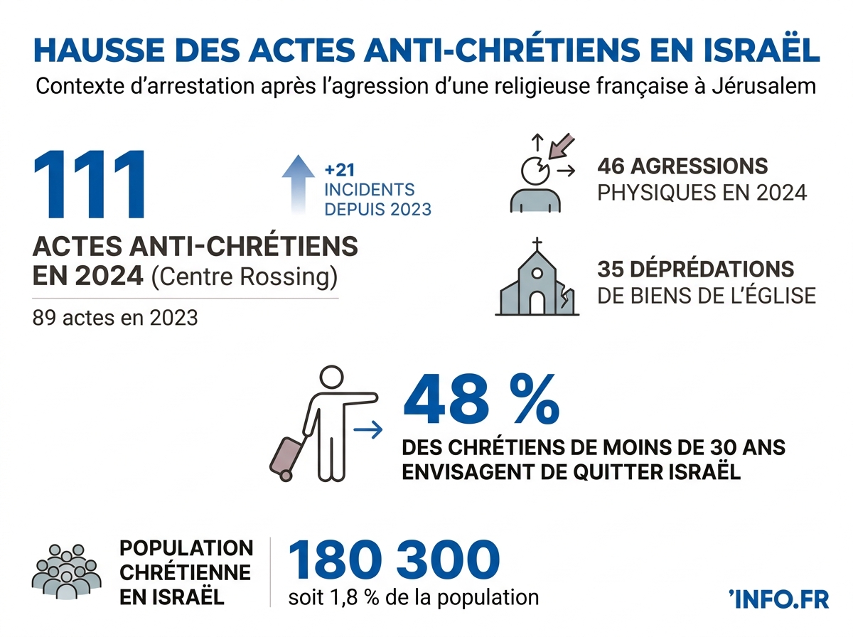 Évolution des actes anti-chrétiens en Israël et à Jérusalem entre 2023 et 2024 selon le Centre Rossing.