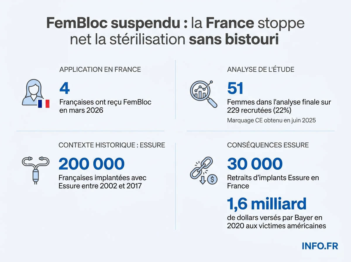 Infographie des données clés sur FemBloc et le précédent Essure: poses, recrutements d'études, retraits.