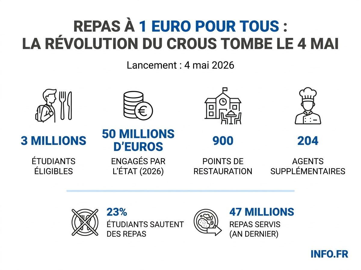 Les chiffres clés de la généralisation du repas à 1 euro pour tous les étudiants à partir du 4 mai 2026.