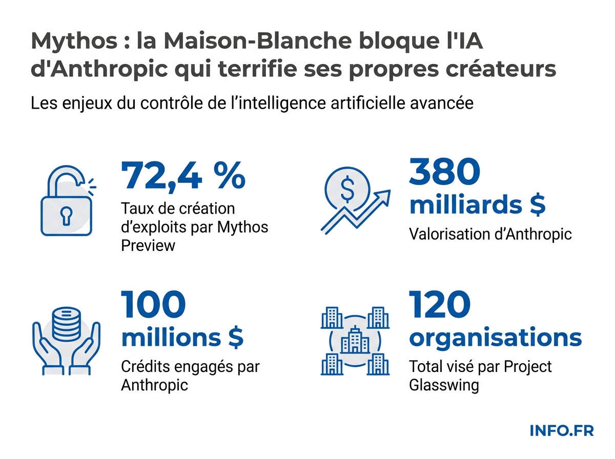 Infographie chiffrée: Mythos d'Anthropic, performances offensives et bras de fer avec la Maison-Blanche en avril 2026.