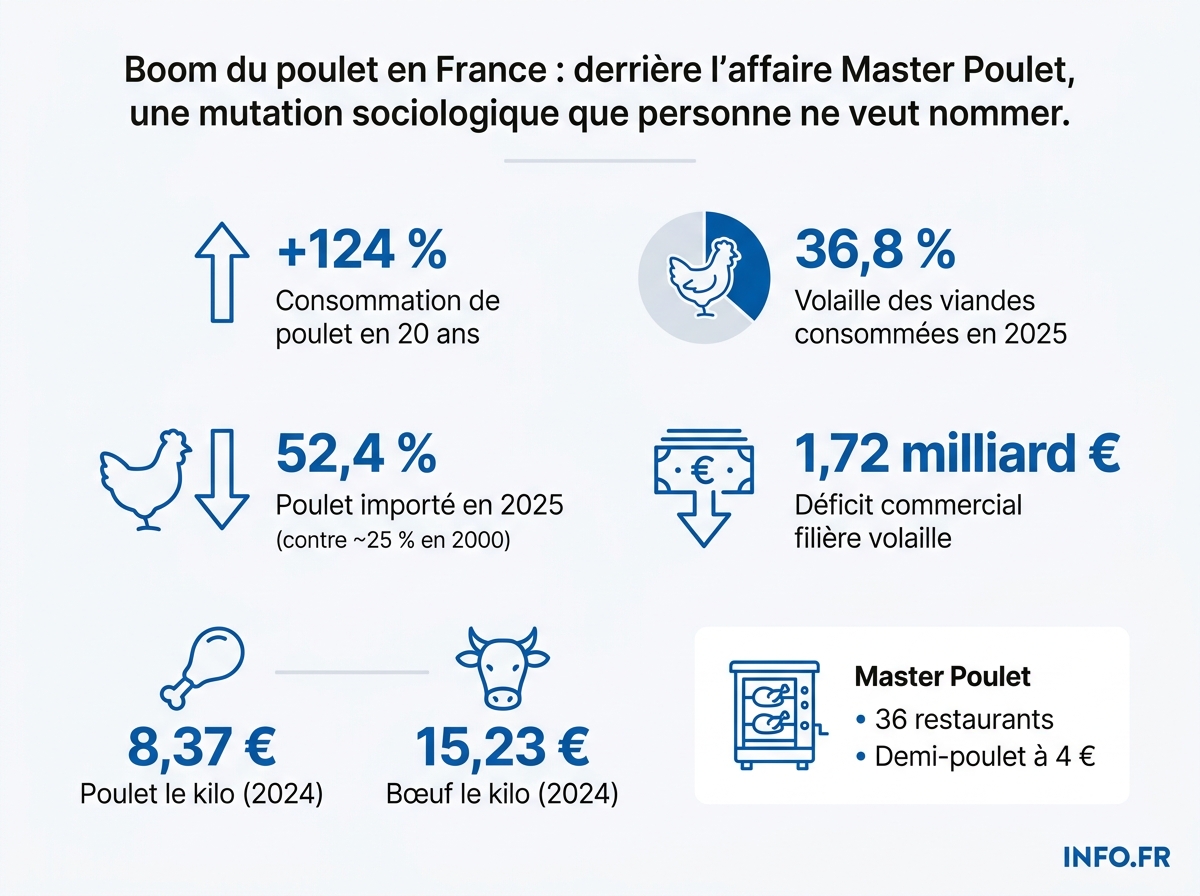 Évolution de la consommation de poulet en France et part des importations entre 2000 et 2025, comparée au prix du bœuf et au rythme de construction des poulaillers.
