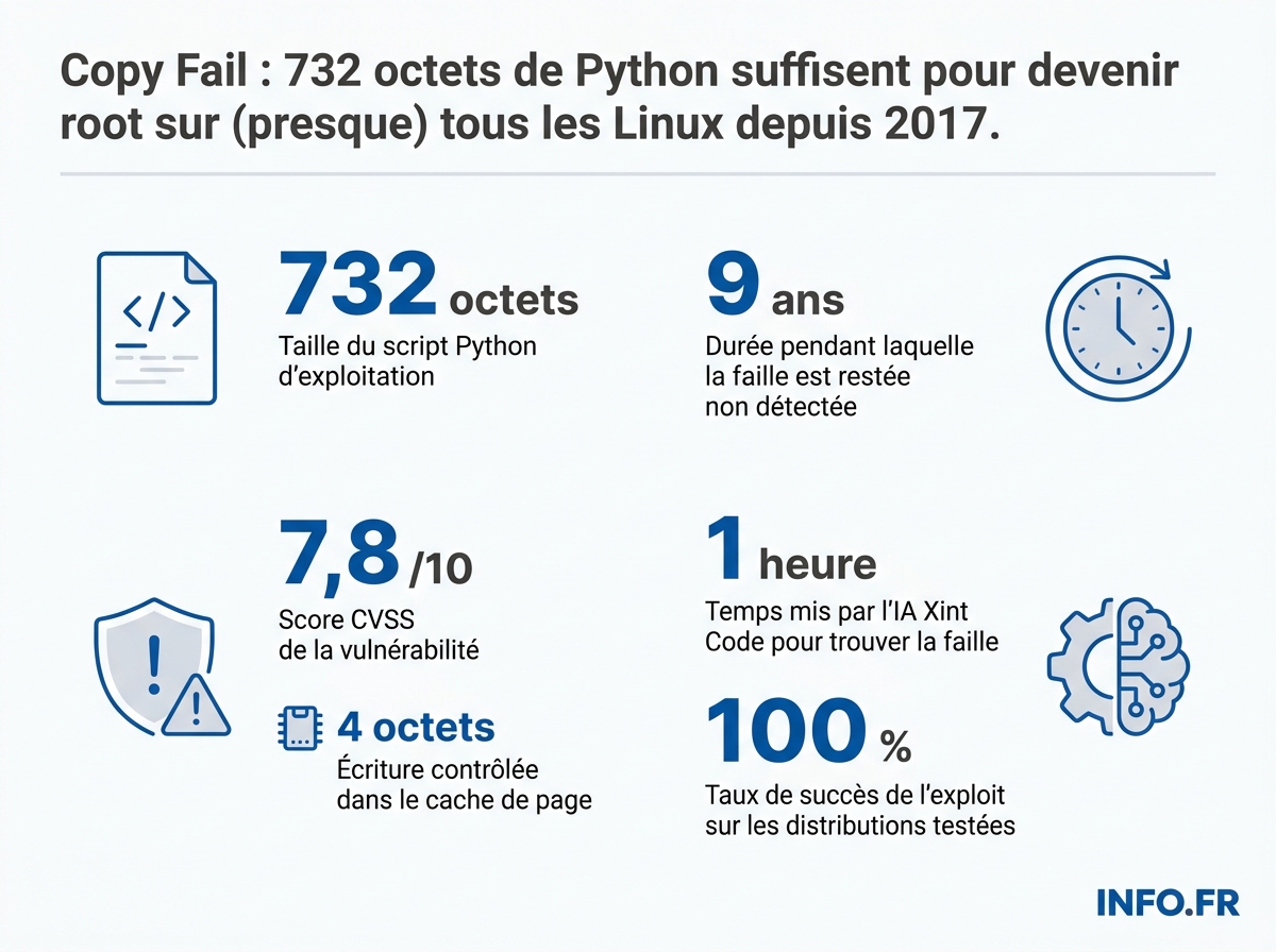 Infographie sur la faille Copy Fail (CVE-2026-31431): 732 octets, 9 ans non detectee, score CVSS 7,8/10.