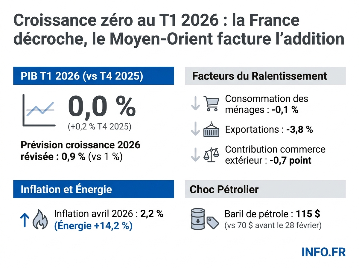 Indicateurs clés de l'économie française au T1 2026: la part (consommation, aéronautique) cohabite avec le choc pétrolier importé.