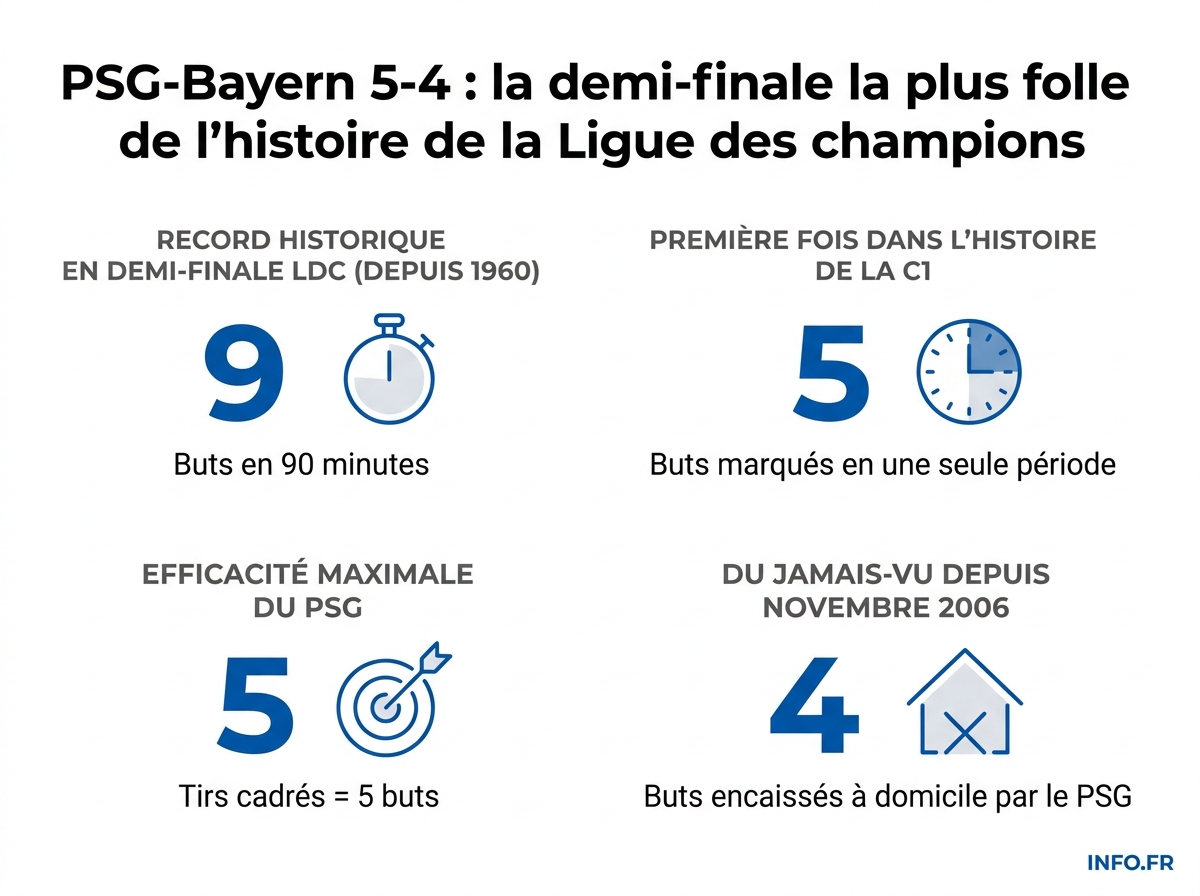 Infographie des records pulvérisés lors de PSG-Bayern Munich 5-4 en demi-finale aller de Ligue des champions, 28 avril 2026.