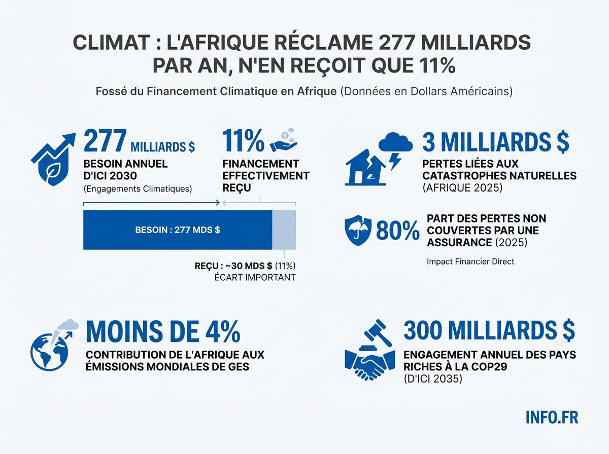 Infographie comparant le besoin de financement climatique de l'Afrique aux montants effectivement reçus.