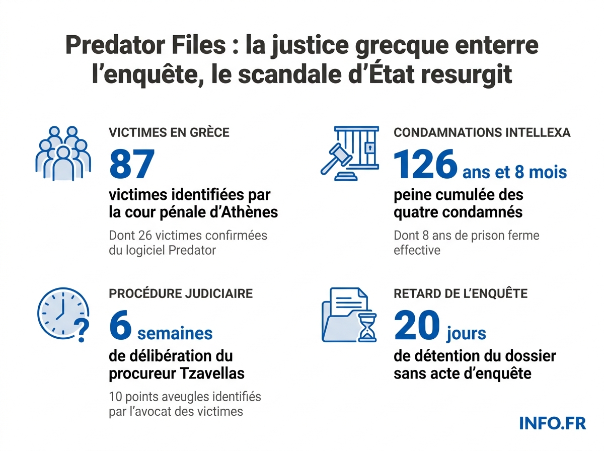 Données chiffrées du scandale Predator en Grèce: nombre de victimes, peines prononcées et délais procéduraux du classement par le procureur général.