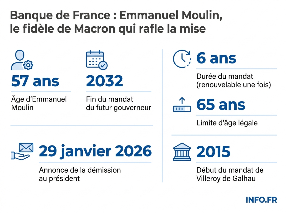 Chiffres clés de la succession à la tête de la Banque de France entre Villeroy de Galhau et Emmanuel Moulin.