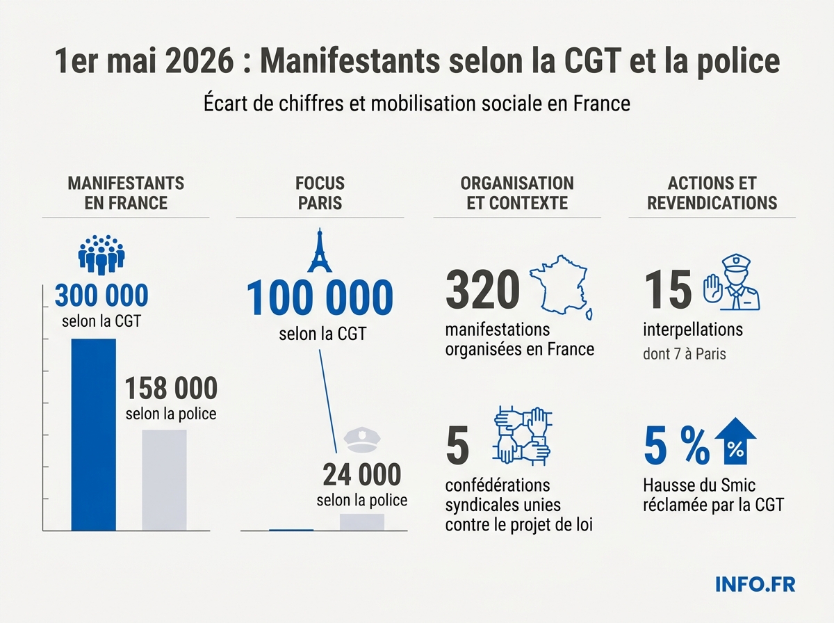 Comparaison des décomptes police/CGT et chiffres clés du 1er mai 2026 en France