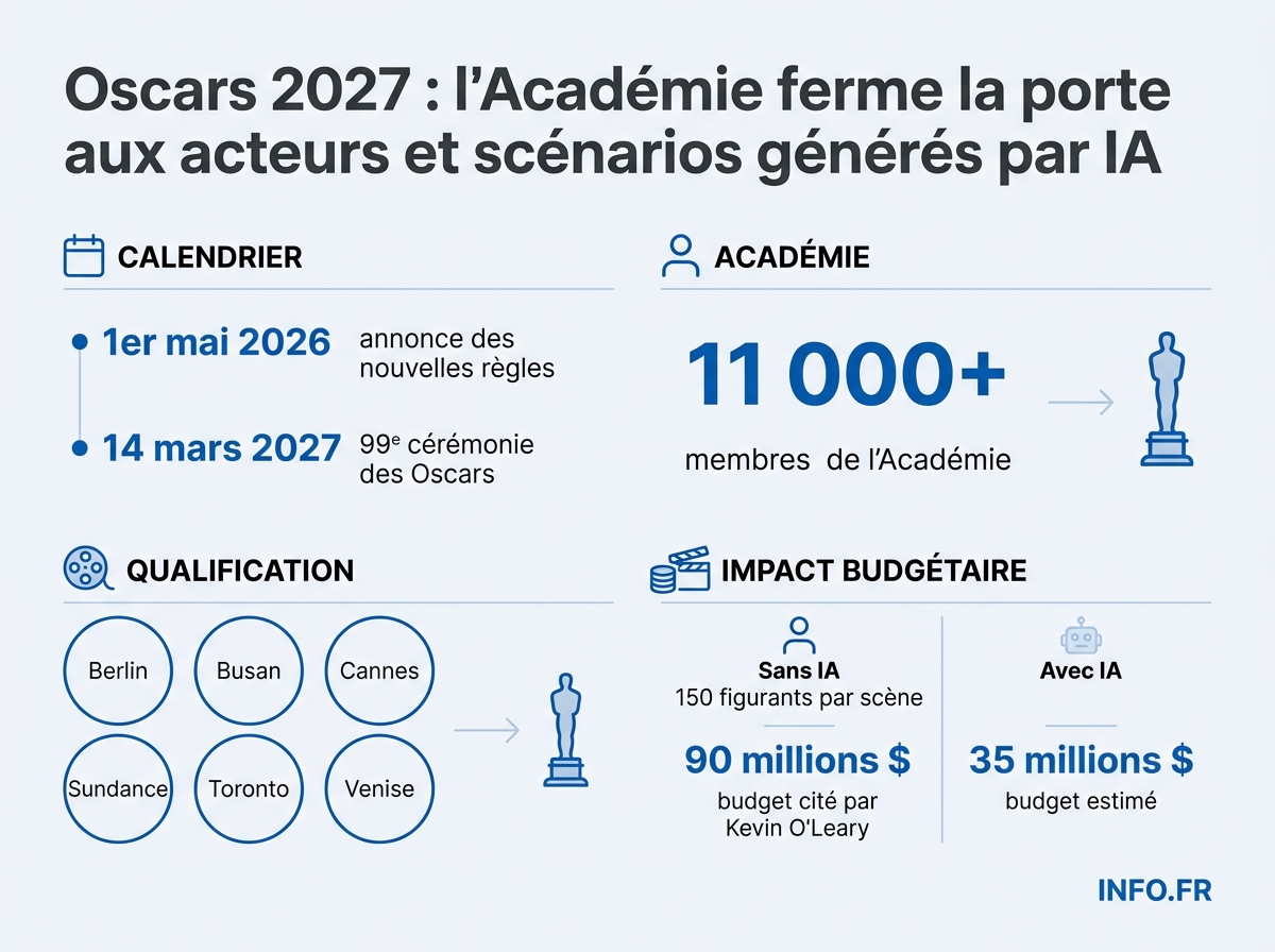 Chiffres clés des nouvelles règles d'éligibilité aux Oscars 2027: exclusion de l'IA, festivals qualifiants et calendrier.