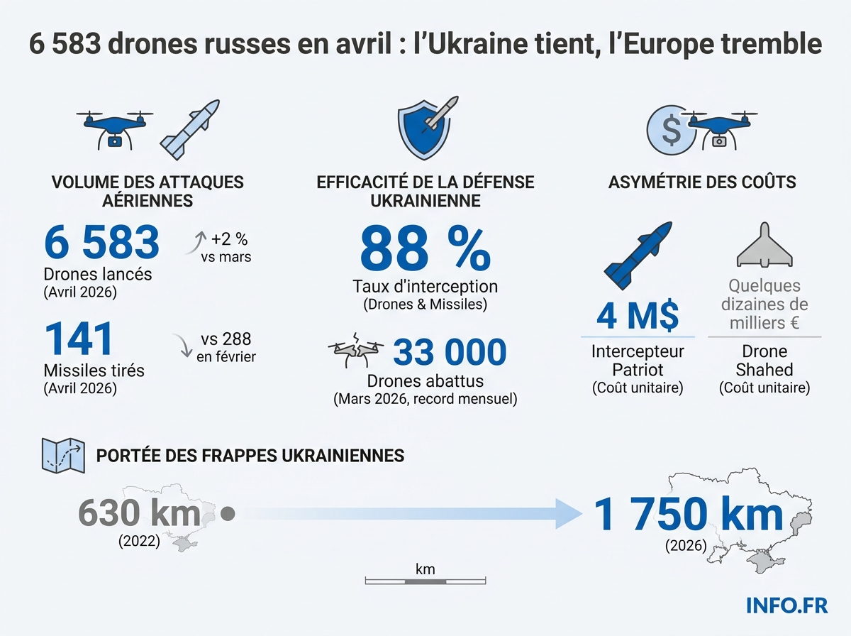Donnees chiffrees sur les frappes de drones russes record en avril 2026 et l'asymetrie de couts entre intercepteurs Patriot et drones Shahed.