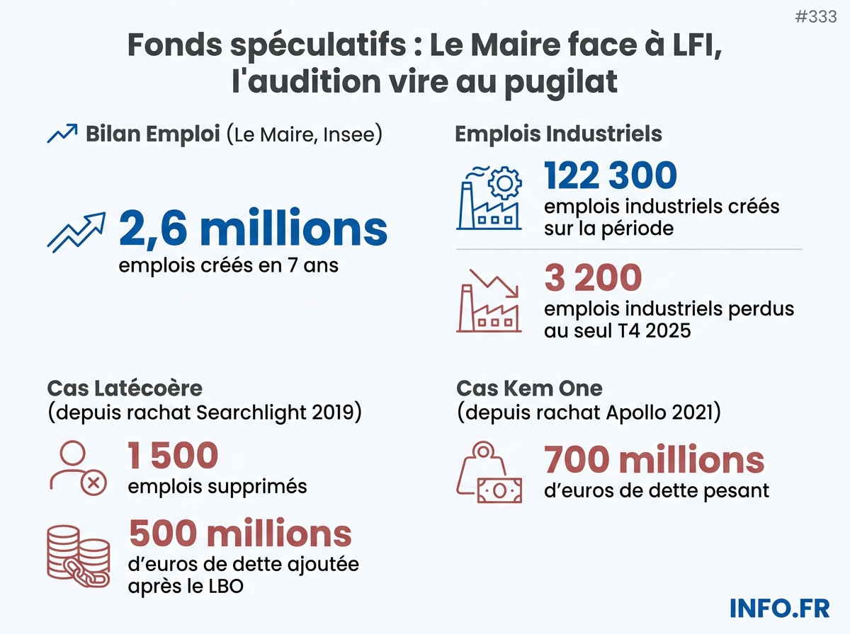 Données chiffrées des auditions du 30 avril 2026 sur les fonds spéculatifs et leur impact sur l'industrie française.