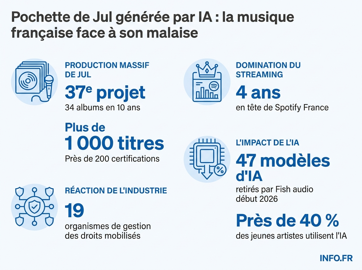 Chiffres clés du débat IA et musique en France en 2026, autour de la polémique Jul.