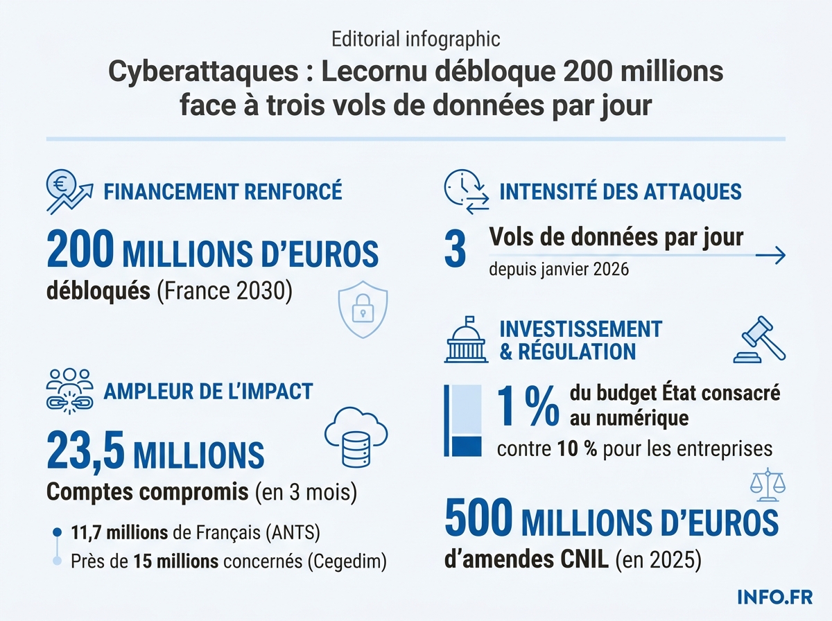 Plan cybersécurité Lecornu avril 2026: 200 millions d'euros face à trois vols de données par jour et 23,5 millions de comptes français compromis en trois mois.