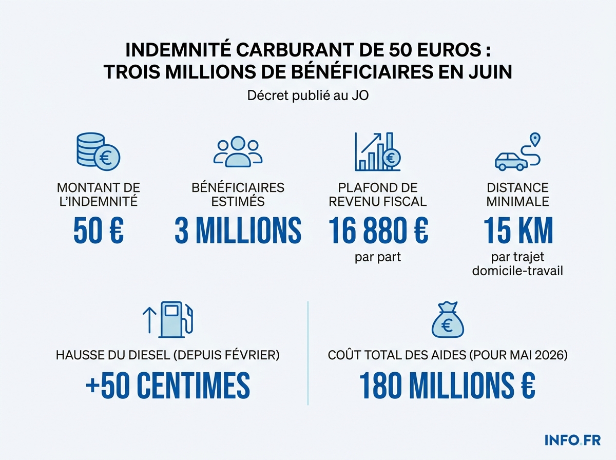Modalités et chiffres clés de l'indemnité carburant de 50 euros publiée au Journal officiel le 2 mai 2026.