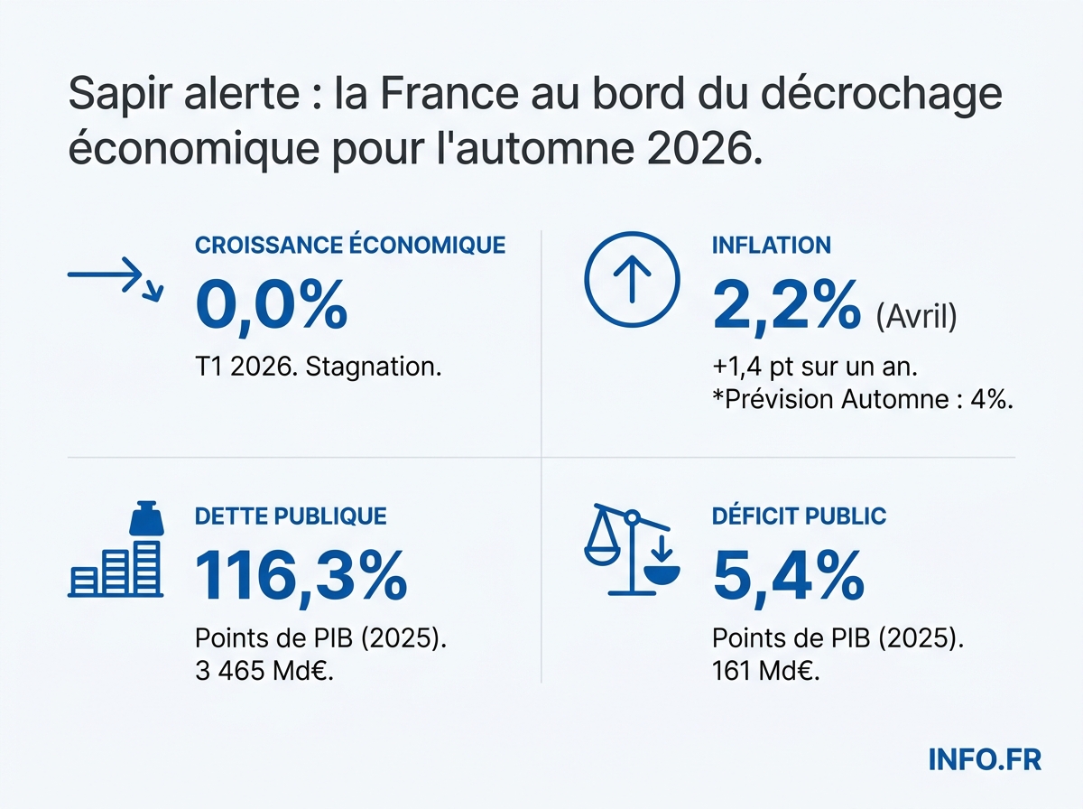 Tableau de bord économique France 2026: croissance nulle, inflation en hausse, dette à 116% du PIB, déficit à 5,4 points.